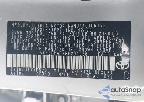 2021 Toyota Corolla Le from USA, damaged, VIN 5YFEPMAEXMP201936